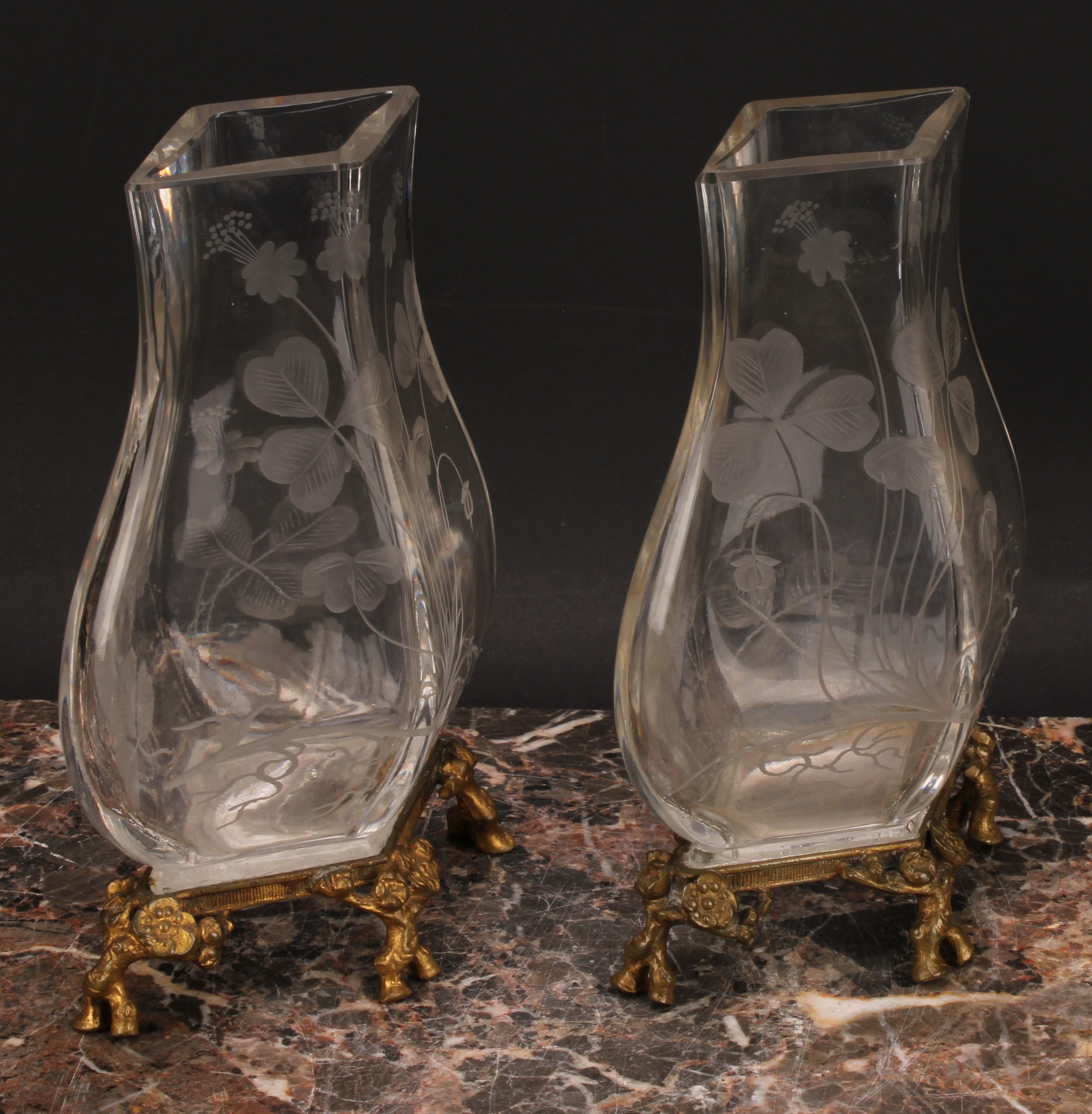 A pair of Continental ormolu mounted clear glass vases, each etched in the Art Nouveau taste with - Image 3 of 4