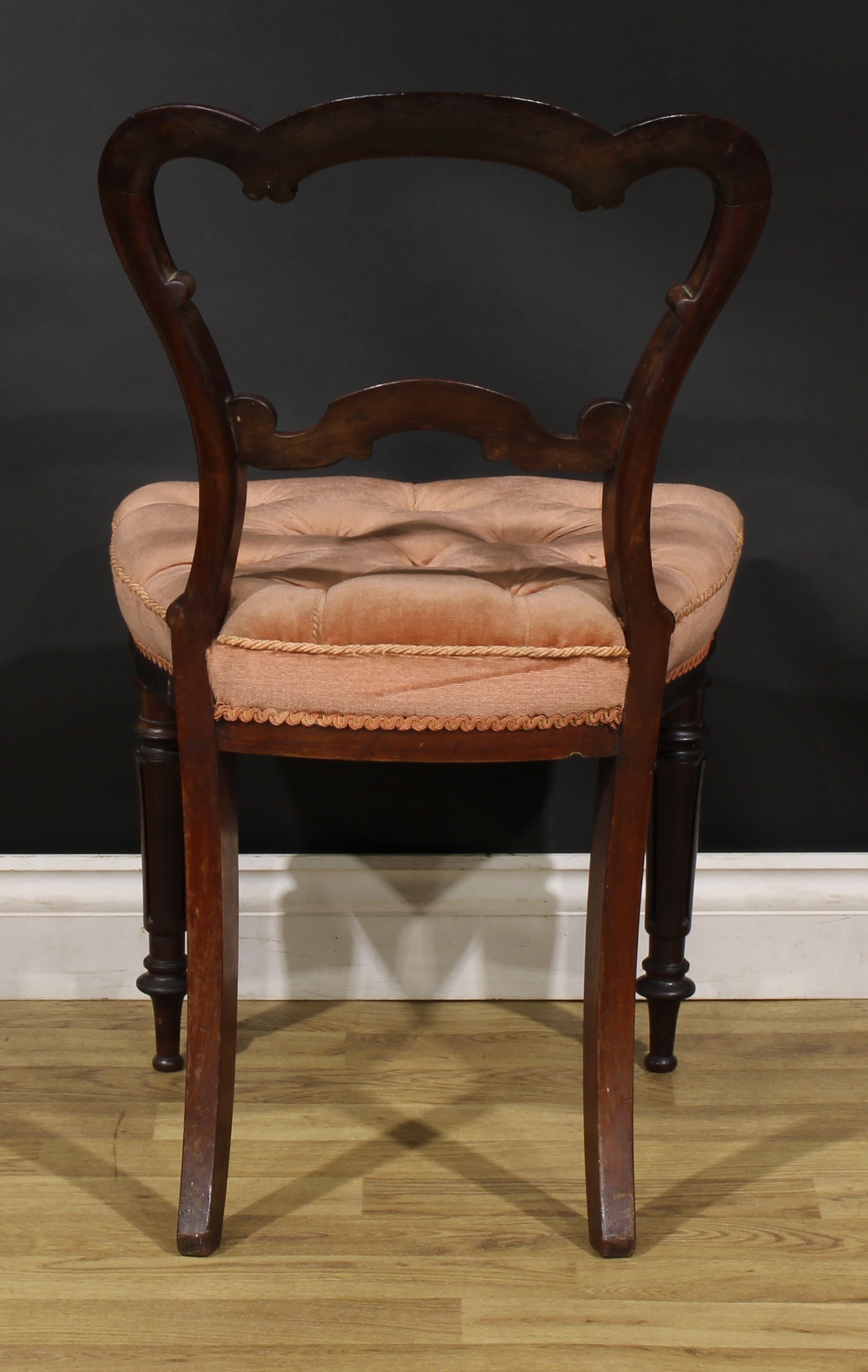 A set of six early Victorian solid rosewood dining chairs, cartouche shaped backs, stuffed-over - Image 5 of 5