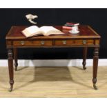 A George IV mahogany room centre library writing table, rounded rectangular top with inset tooled