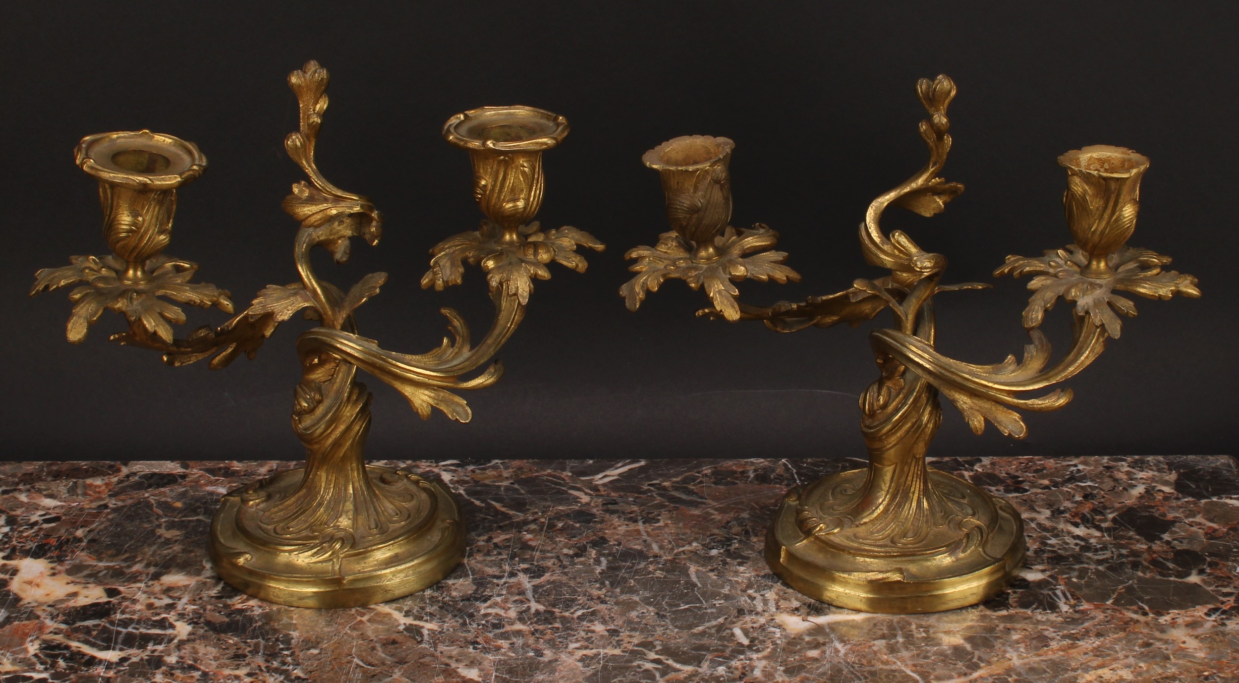 A pair of 19th century gilt brass two-light candelabra, cast with scrolling acanthus, 21cm high, c. - Image 2 of 5