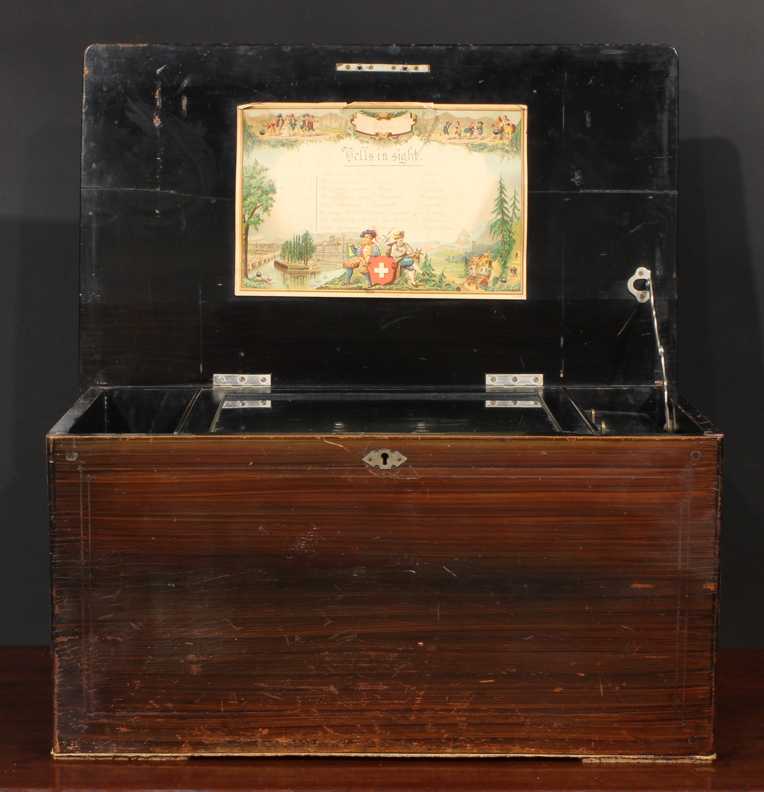 A large 19th century Swiss rosewood and marquetry rectangular bells-in-sight music box, the 23cm - Image 2 of 5