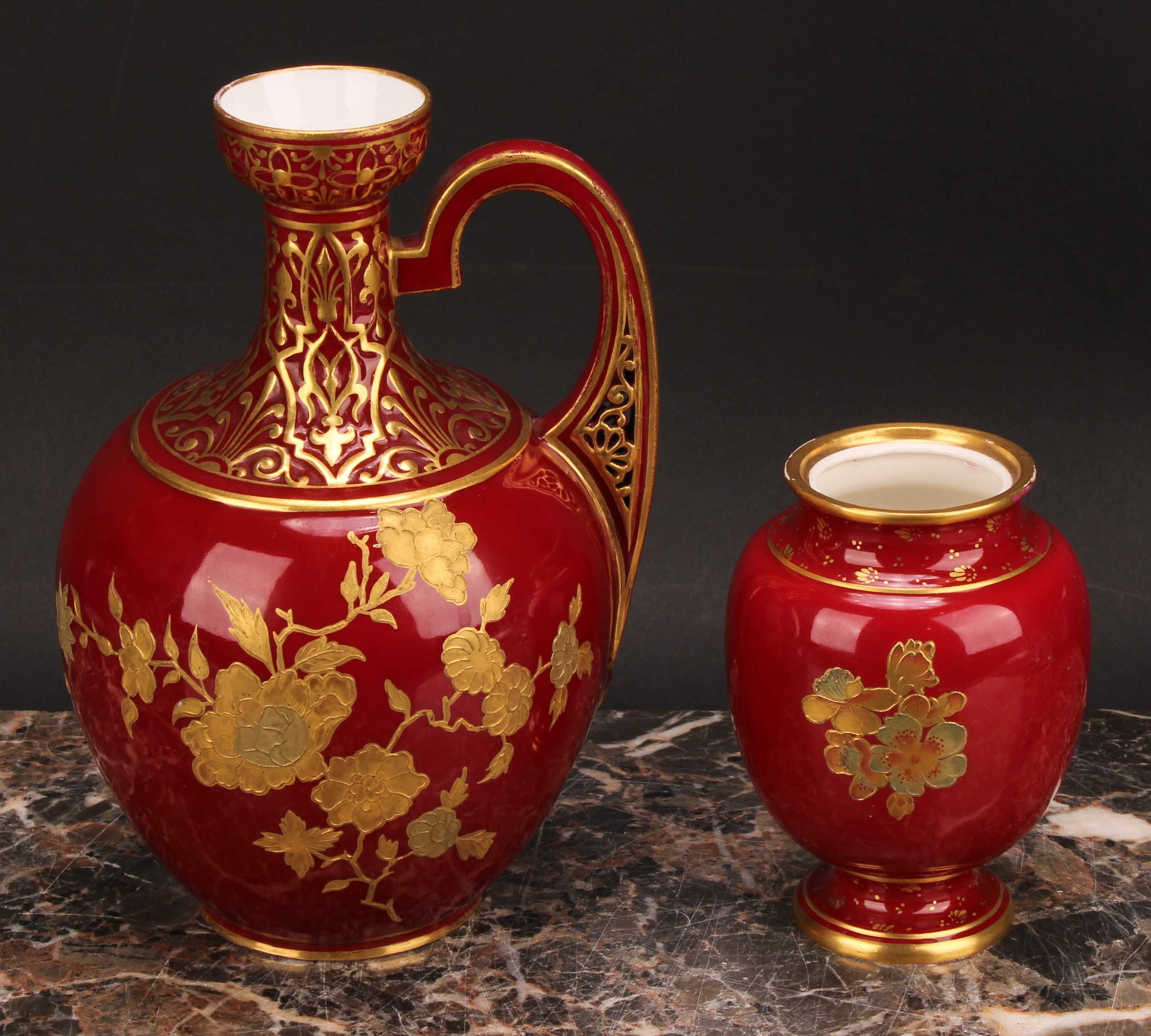 A Royal Crown Derby ovoid ewer, decorated in the Aesthetic manner, with raised gilt flowers on a red - Image 2 of 8