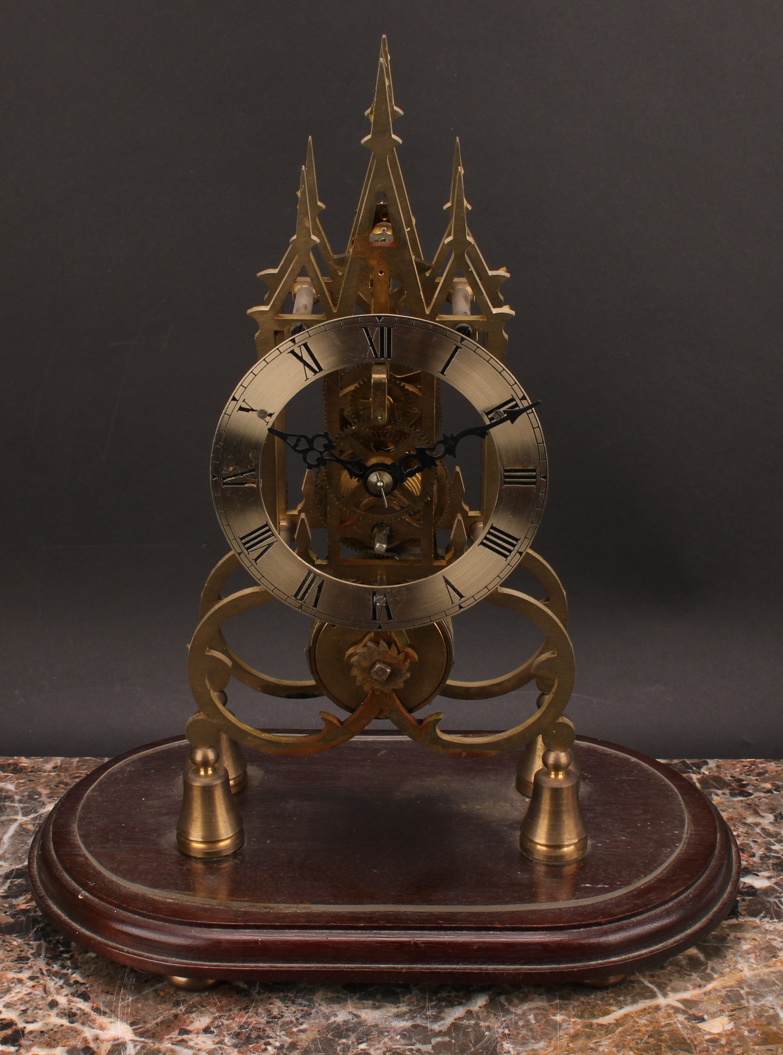 A 19th century style skeleton timepiece, in the Gothic taste, 13cm silvered clock dial inscribed - Image 2 of 4