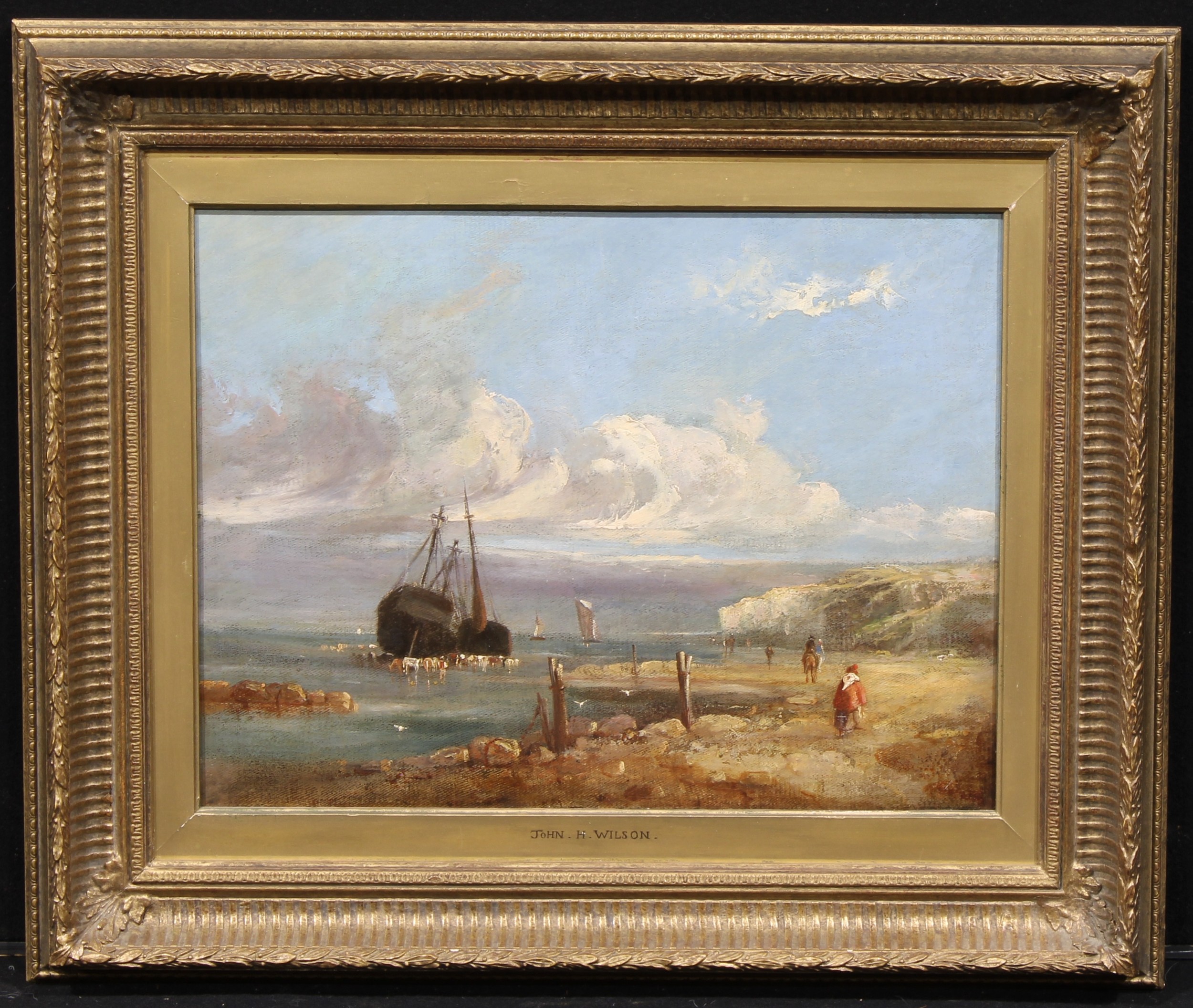 John H Wilson (1774-1855), Unloading at Low Tide, probably Dover, named to mount, oil on canvas, - Image 2 of 3