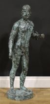 After the antique, a large verdigris patinated bronze figure, Warrior of Riace, signed J Tallsten,