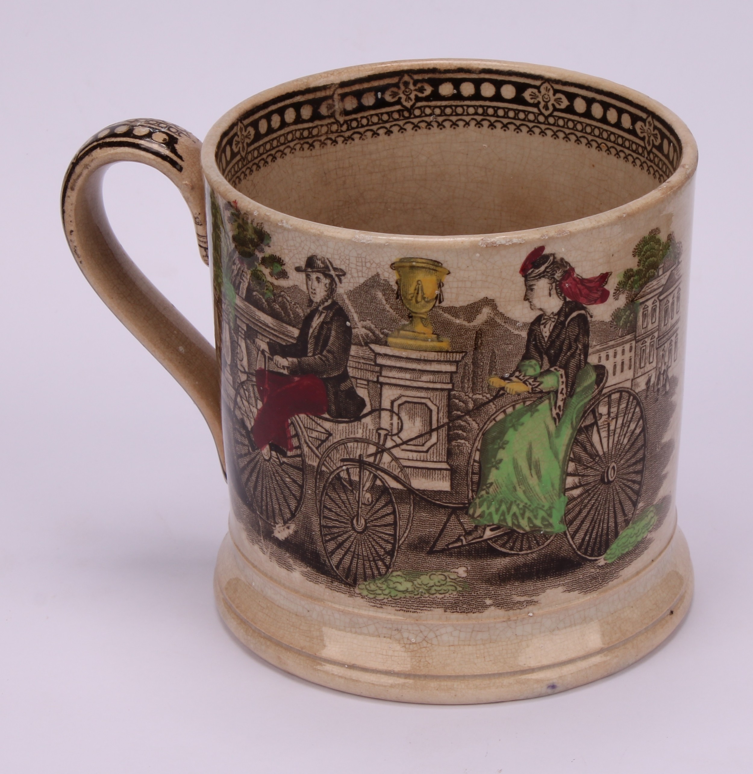 A 19th century Staffordshire mug, Bicycle, printed in sepia tones picked out in green, yellow and - Bild 3 aus 5