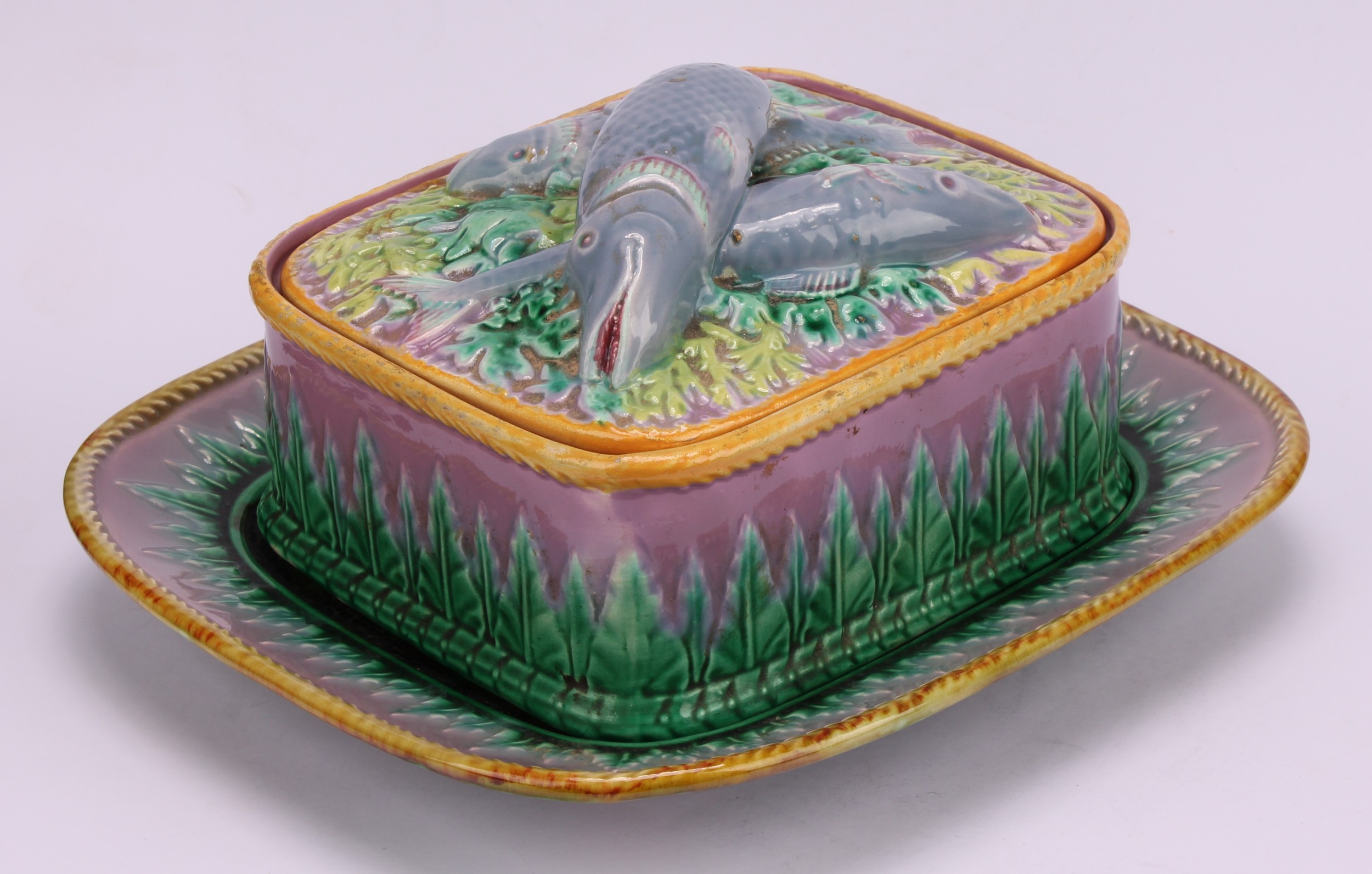 A George Jones majolica rounded rectangular sardine box and stand, the cover surmounted by fish, - Image 3 of 6