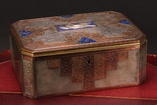 A Secessionist lapis lazuli mounted parcel-silvered casket, hinged cover applied with a stylised