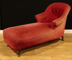 A late 19th century duchesse en bateau form chaise longue or drawing room daybed, stuffed-over