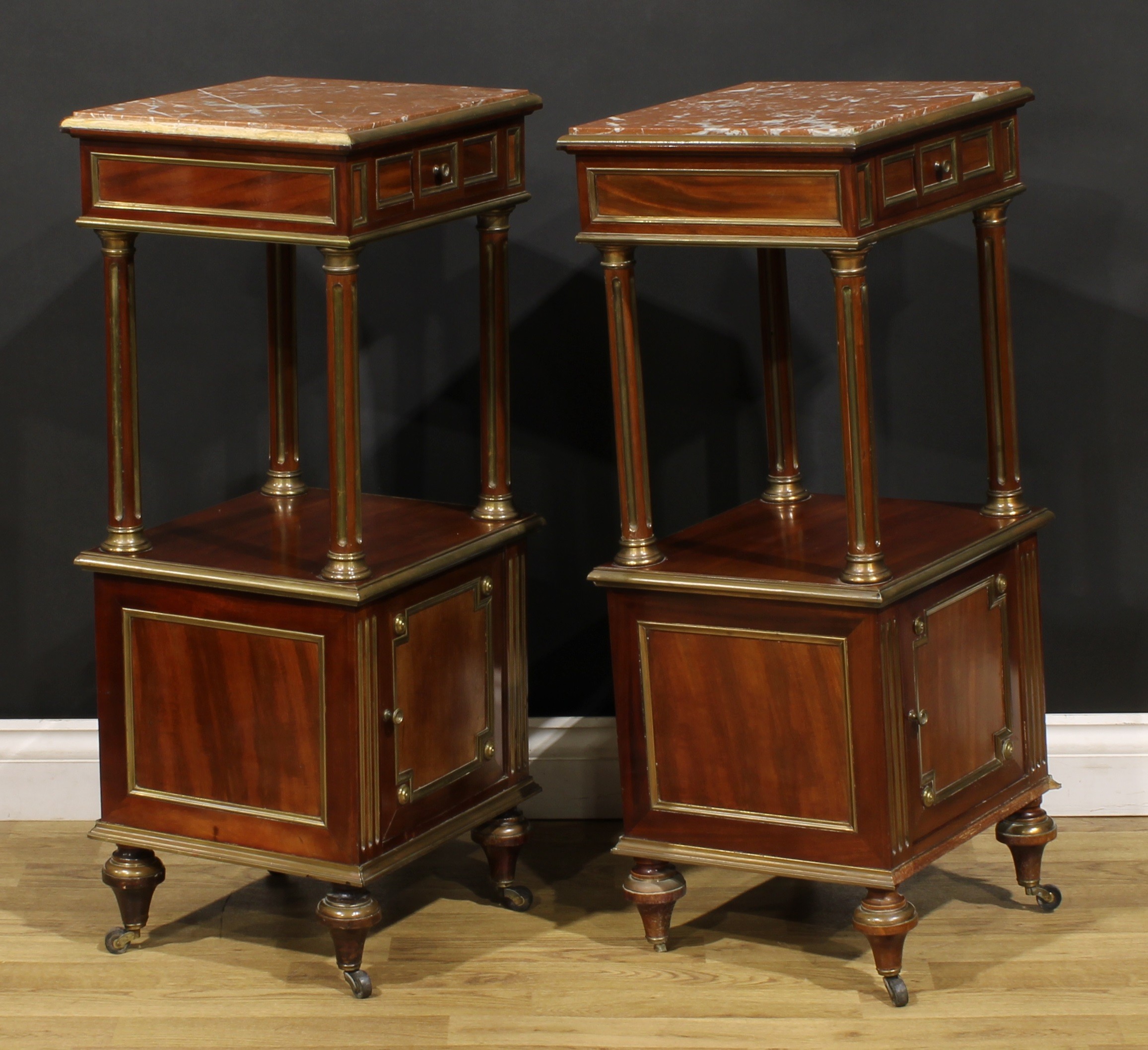 A pair of French Empire design Third Republic period brass mounted and parcel-gilt mahogany tables - Image 2 of 3