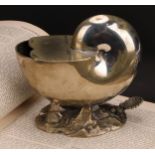 A Victorian E.P.N.S novelty spoon warmer, as a nautilus shell, hinged cover, rocky base, 15cm