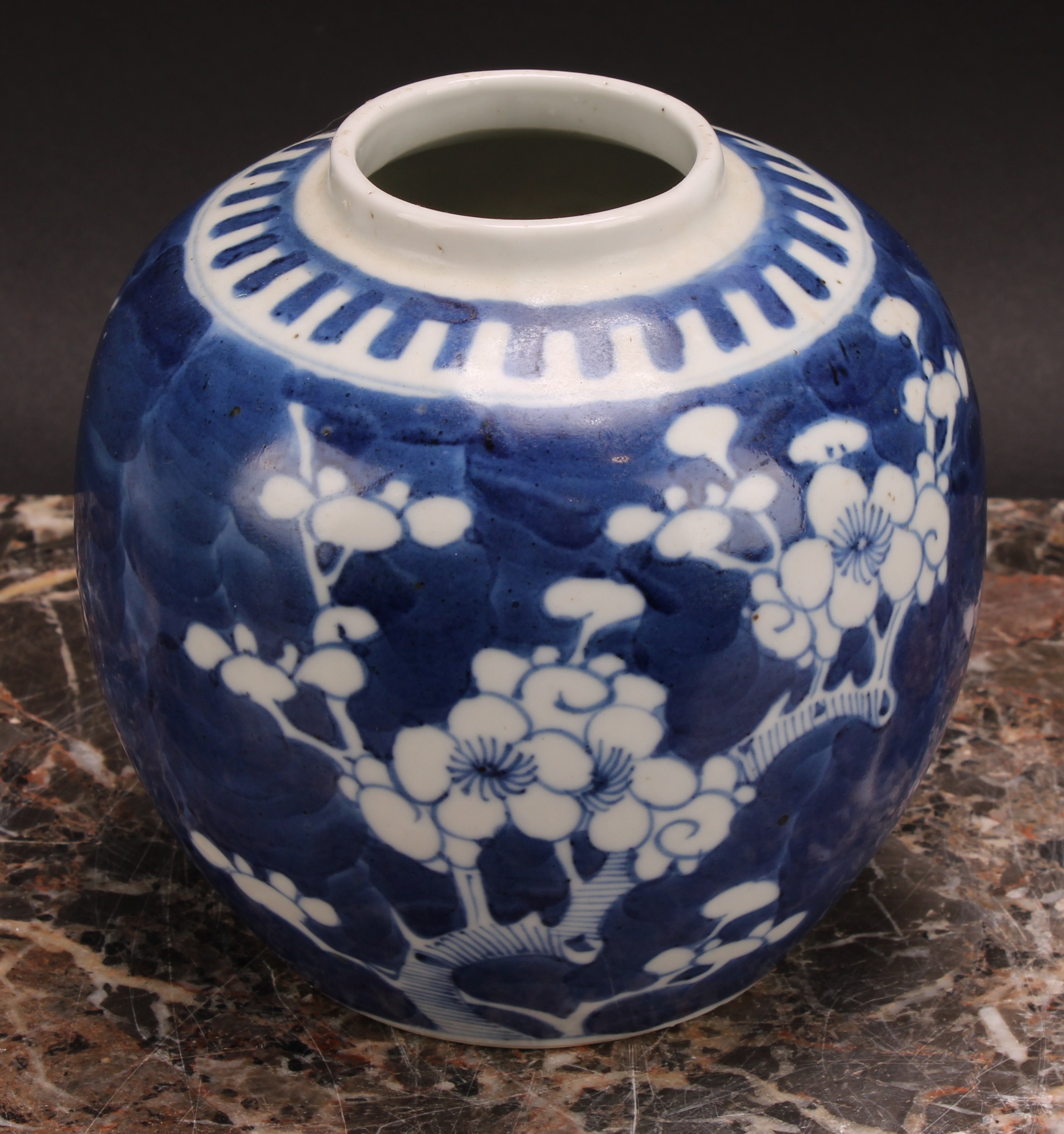 A Chinese ovoid ginger jar, painted in tones of underglaze blue with blossoming prunus on a ground - Image 6 of 9