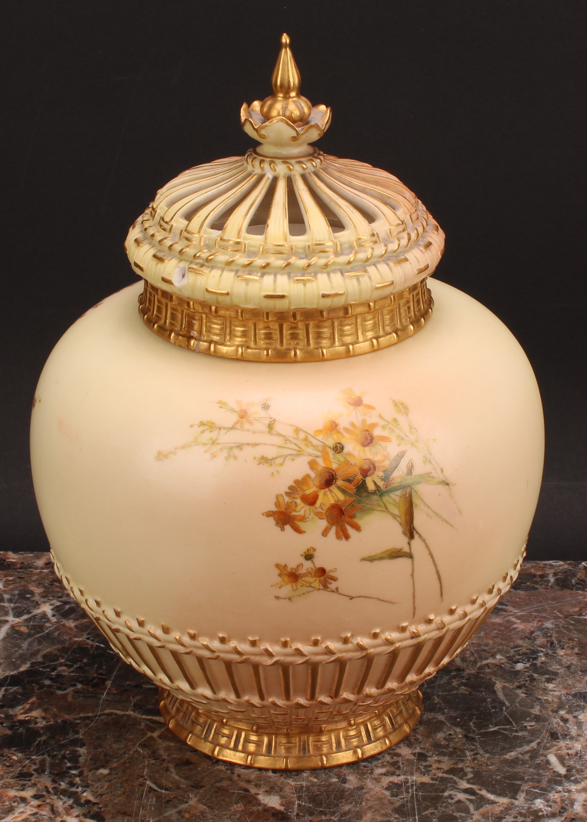 A Royal Worcester parcel-gilt and polychrome painted blush ivory potpourri vase and cover, 26cm - Image 5 of 6