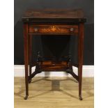 An Edwardian rosewood and marquetry envelope card table, square top with four folding leaves