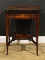 An Edwardian rosewood and marquetry envelope card table, square top with four folding leaves