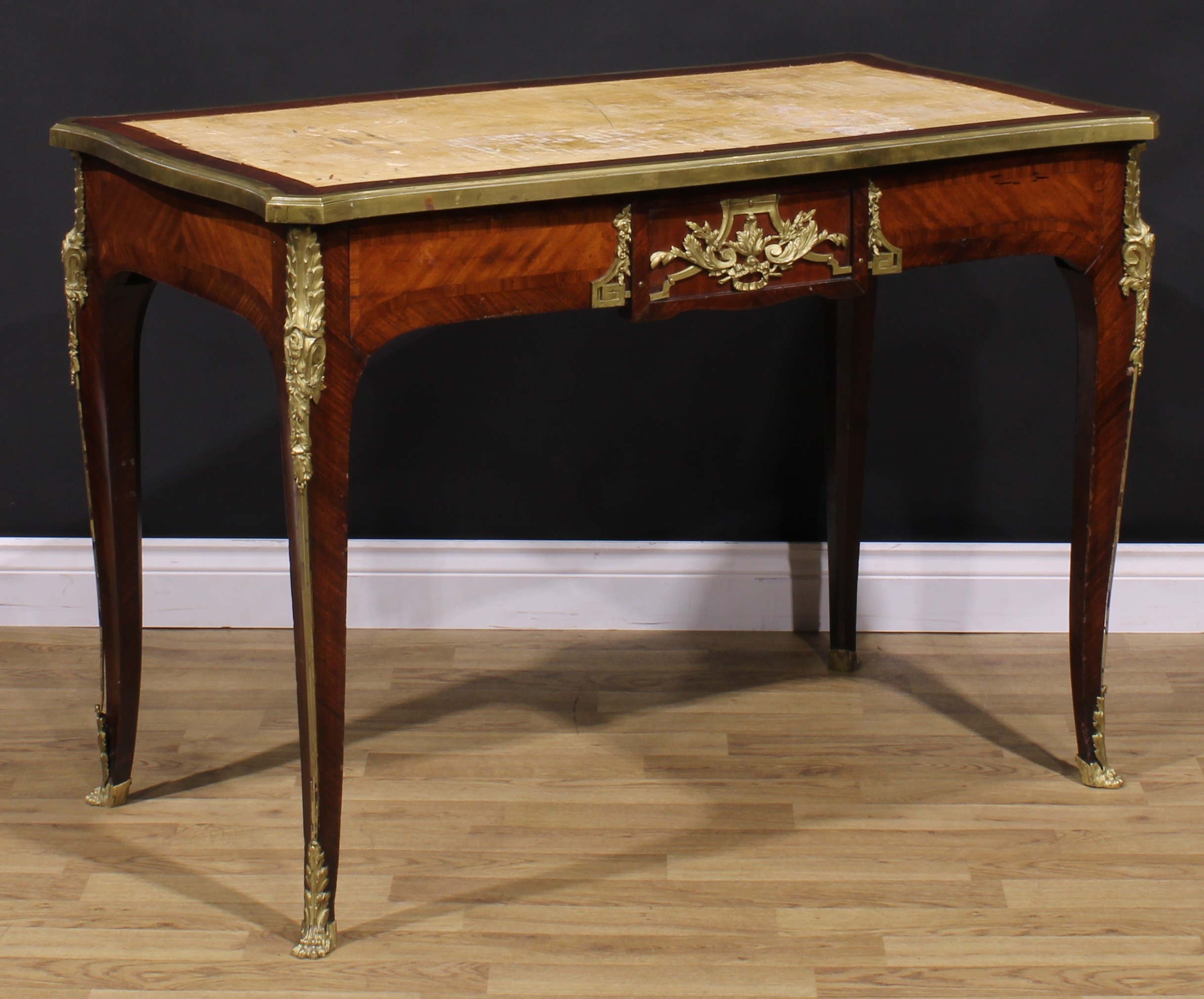 A French Louis XV Revival gilt metal mounted rosewood and kingwood bureau plat, slightly oversailing - Image 3 of 6