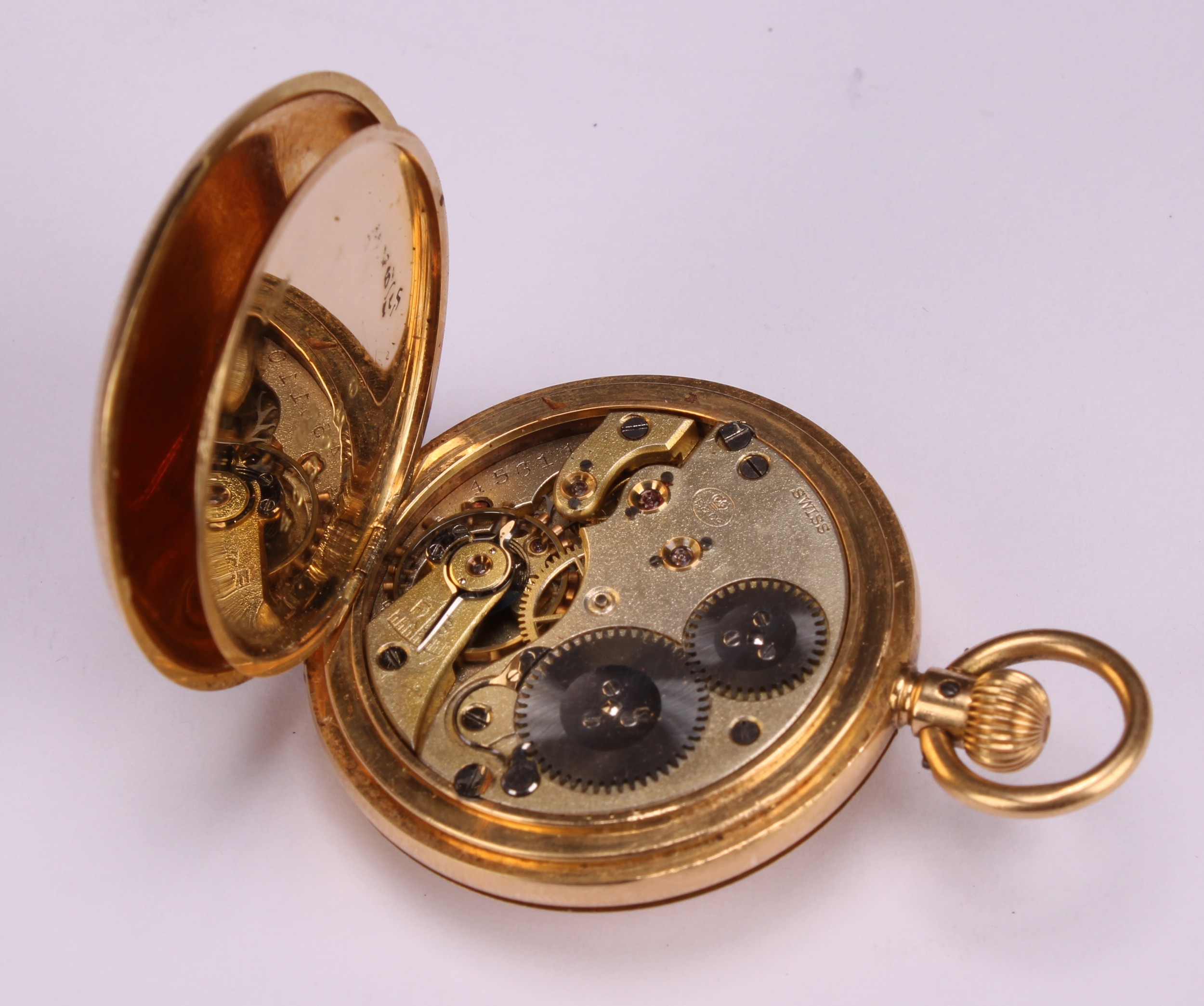 A lady's 18ct gold half hunter pocket watch, white enamel dial, Roman numerals, subsidiary seconds - Image 5 of 7