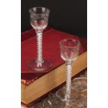 A pair of George III opaque twist drinking glasses, the bowl etched with leafy fruiting vine and