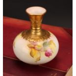 A Royal Worcester compressed ovoid vase, painted by M. Hunt, signed, with Hadley style roses, gilt