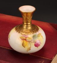 A Royal Worcester compressed ovoid vase, painted by M. Hunt, signed, with Hadley style roses, gilt