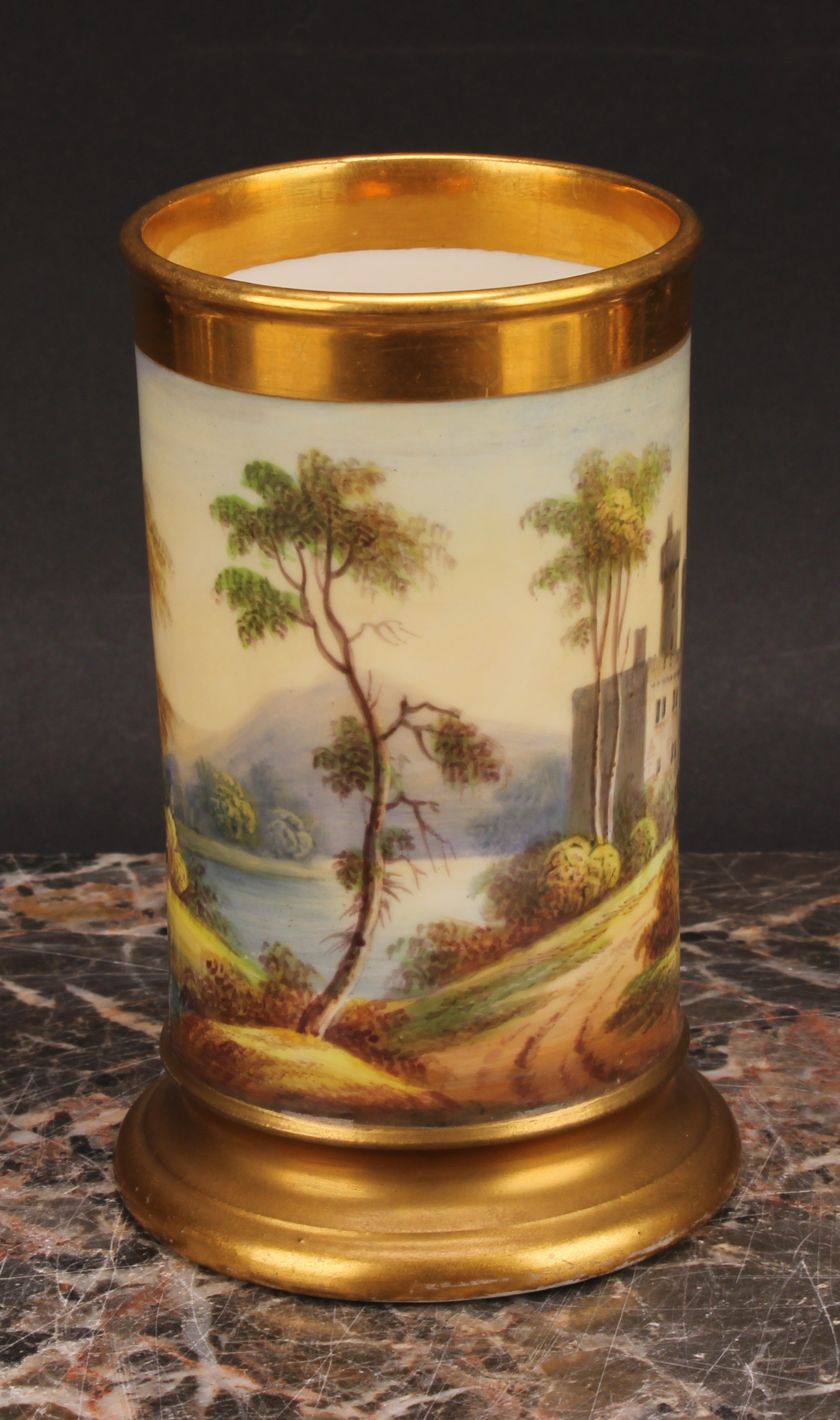 A pair of English porcelain cylindrical spill vases, each painted with a continuous lakeside - Image 6 of 12