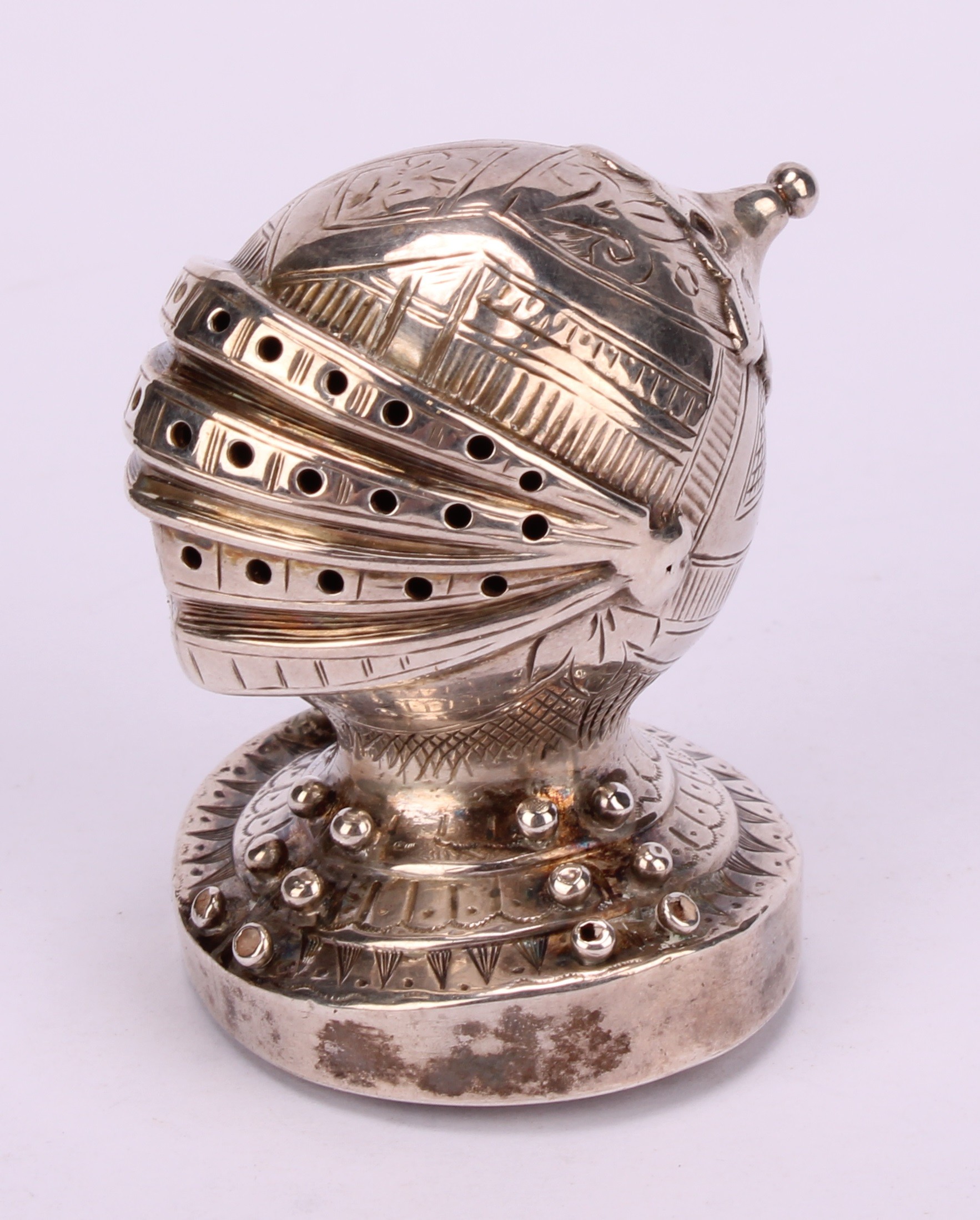 A set of four Victorian Gothic Revival silver novelty peppers, each as a knight's helmet and - Image 4 of 7