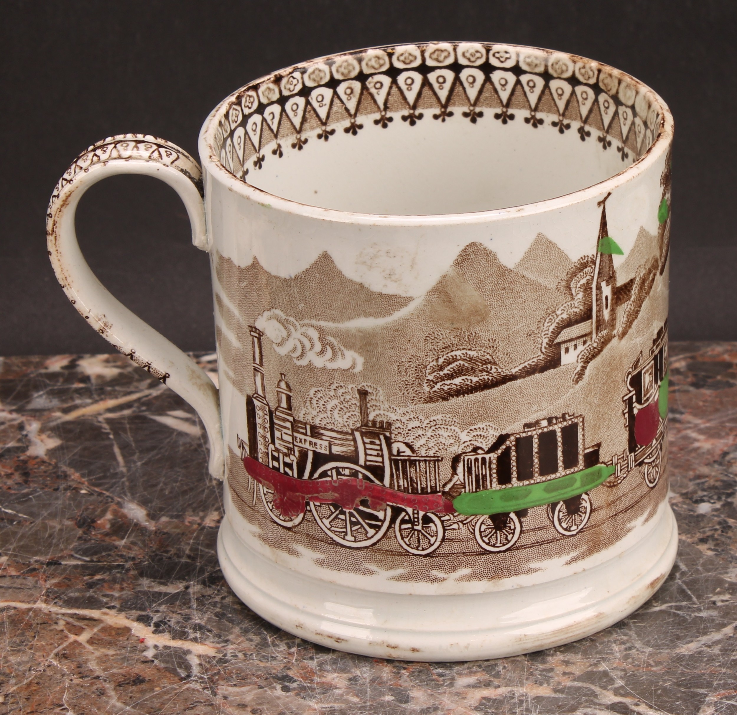 Railway Interest - a 19th century Staffordshire pearlware mug, printed in sepia tones, picked out in - Image 3 of 10