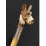 An early 20th century silver mounted walking stick, the pommel carved and painted as the head of a