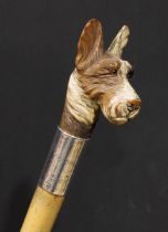 An early 20th century silver mounted walking stick, the pommel carved and painted as the head of a