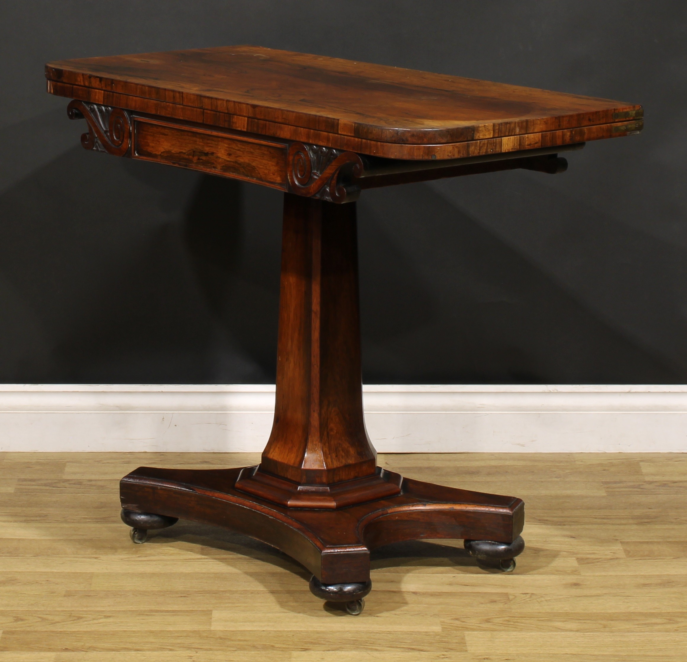A William IV rosewood card table, rounded rectangular folding top above a frieze carved with leafy - Image 4 of 5