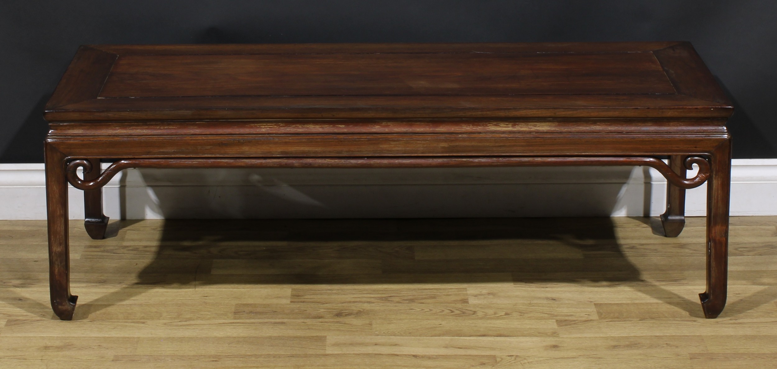 A Chinese hardwood waisted low tea table or kang table, rectangular panel top, the apron applied - Image 2 of 5