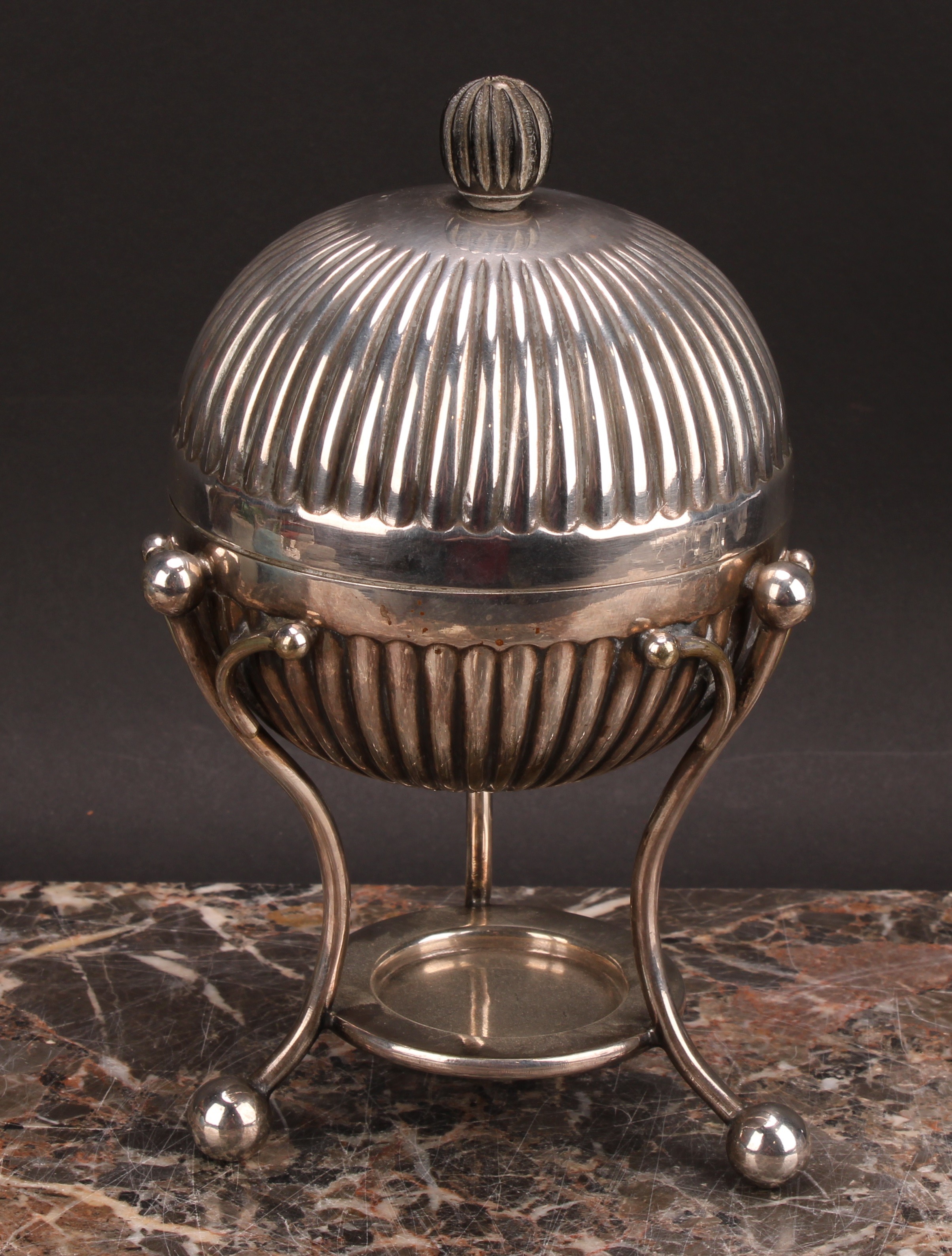 A Victorian E.P.N.S fluted globular egg coddler, ball feet, 20cm high, Mappin & Webb, c.1890 - Image 2 of 4