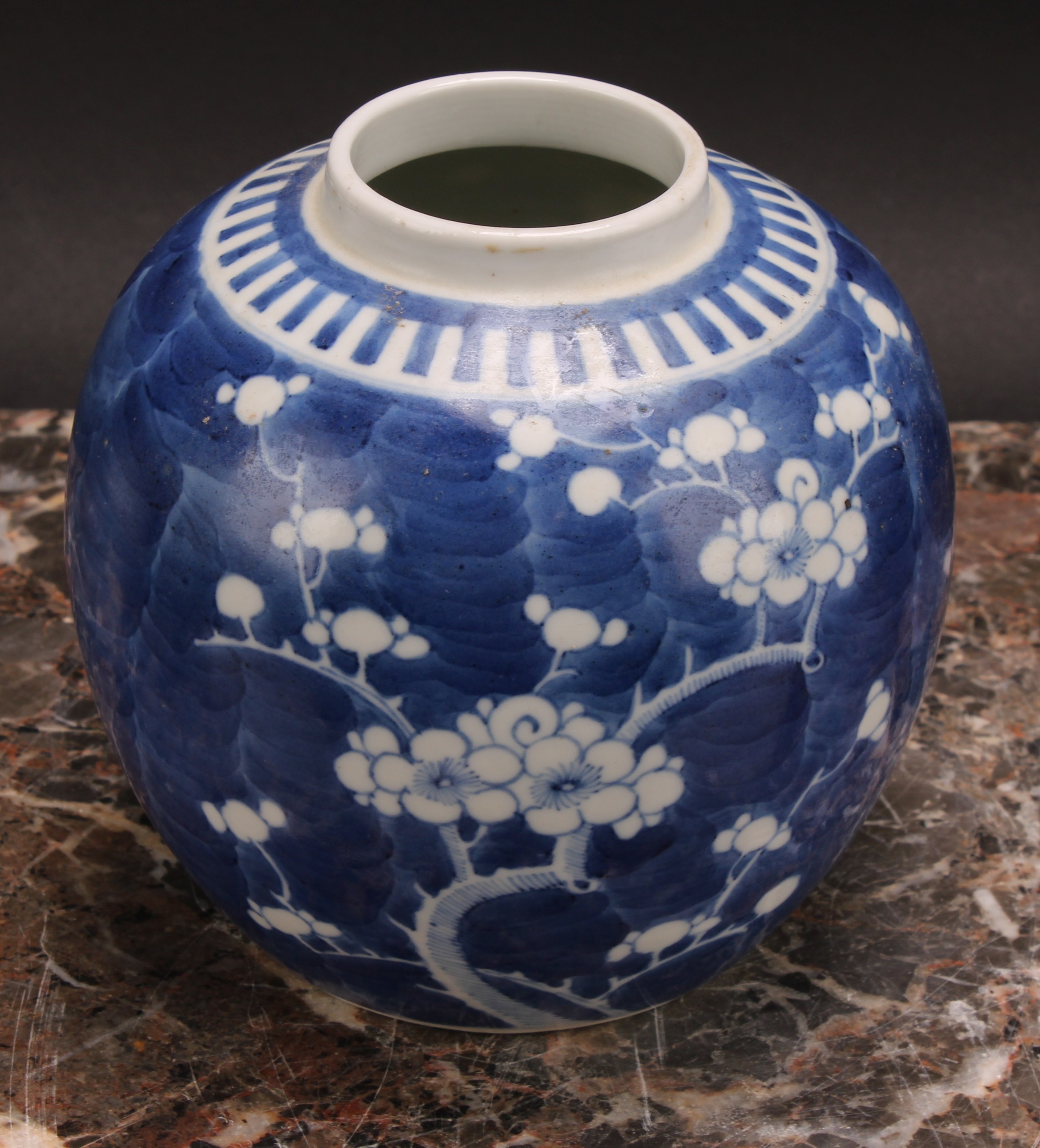 A Chinese ovoid ginger jar, painted in tones of underglaze blue with blossoming prunus on a ground - Image 4 of 9