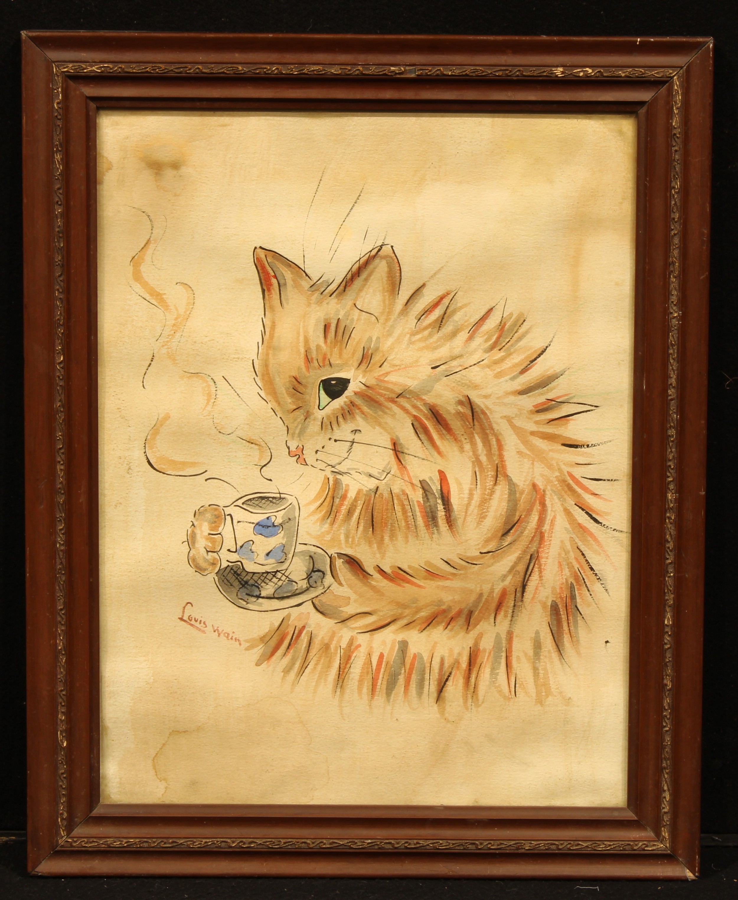 After Louis Wain Cat with a Cup of Tea bears signature, watercolour, 47cm x 36cm - Image 2 of 4