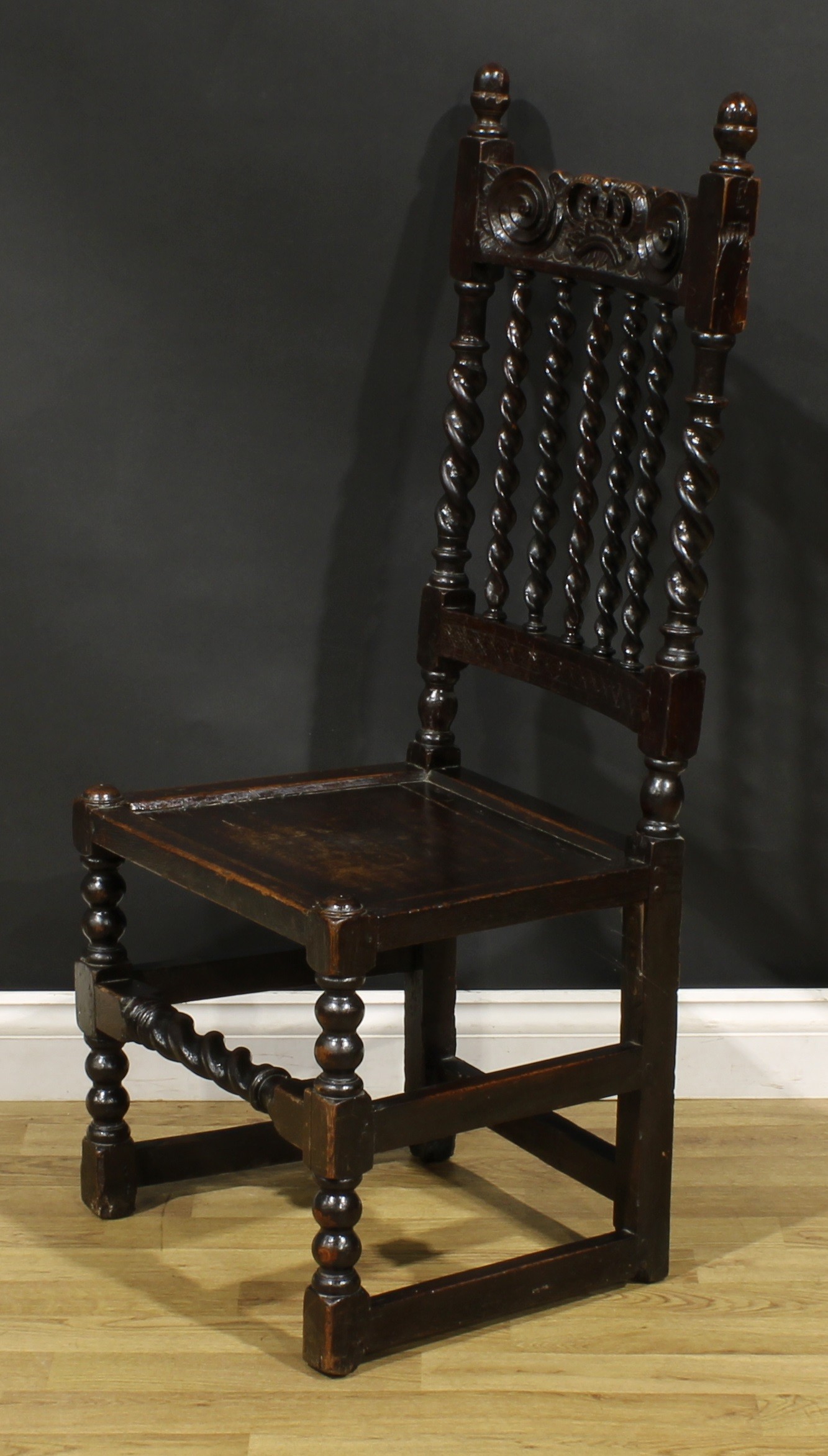 A Charles II oak side chair, curved cresting rail carved with a crown, above a row of spirally- - Image 3 of 4