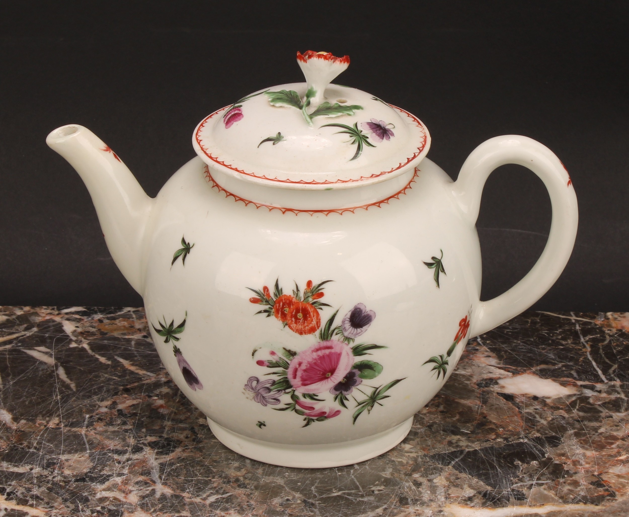 A Worcester globular teapot and cover, painted with floral bouquets and sprigs in polychrome, line - Image 2 of 5