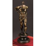 A bronze figural table lamp, Atlas, pedestal base, fitted for electricity, 33cm, c.1890