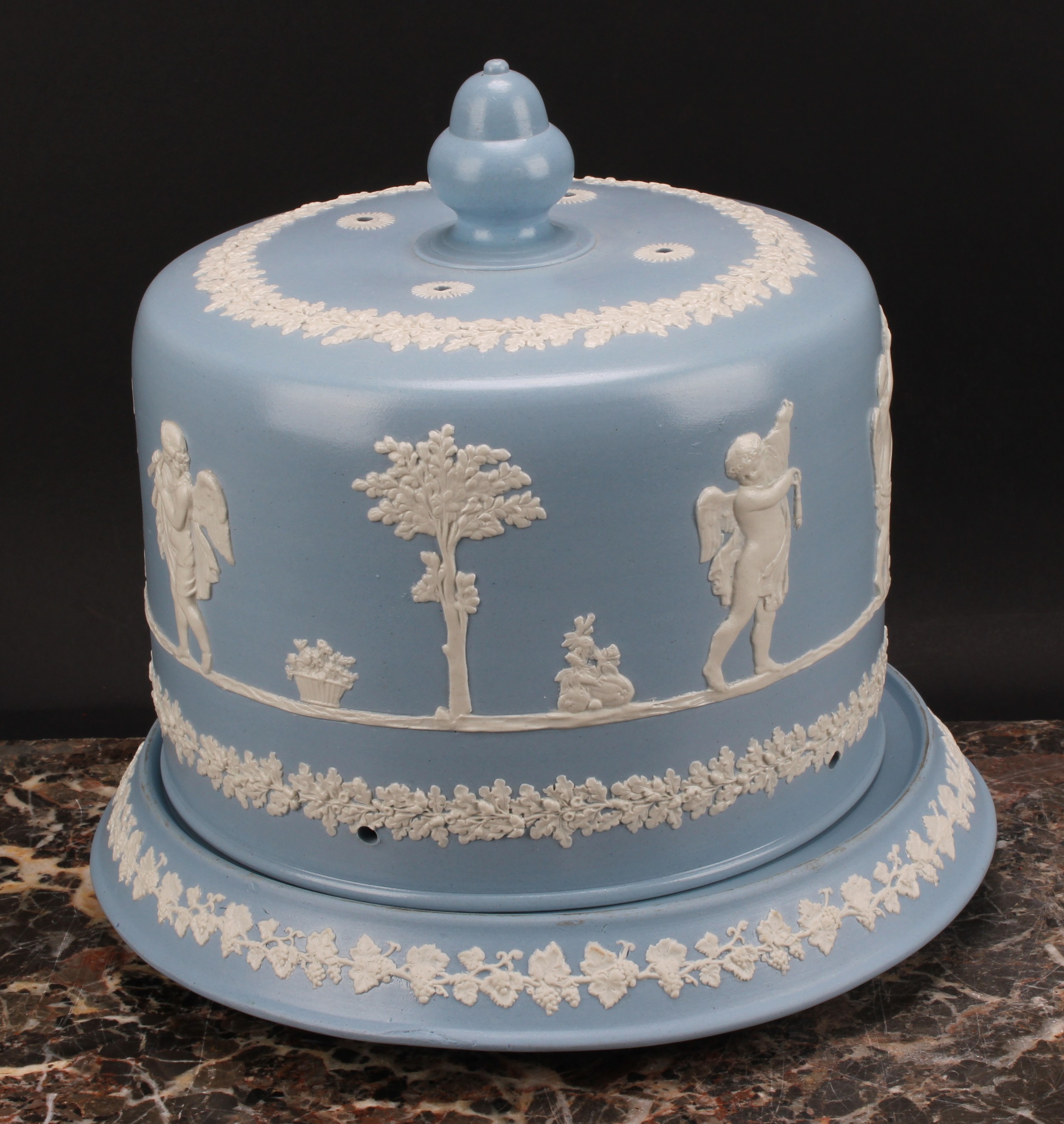 A late Victorian Staffordshire Jasperware cheese dome, probably James Dudson, sprigged in white - Image 3 of 4