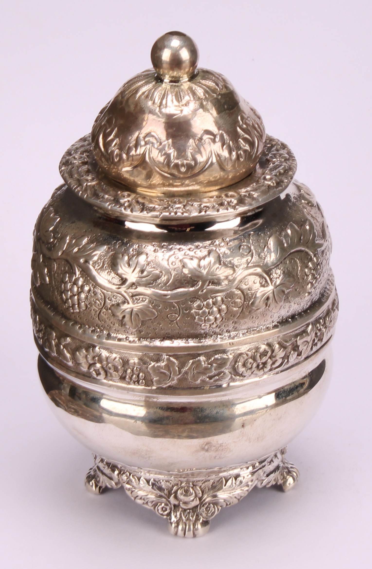 A William IV silver ovoid tea caddy, chased with fruiting vine, 13cm high, Robert Hennell, London - Image 3 of 5