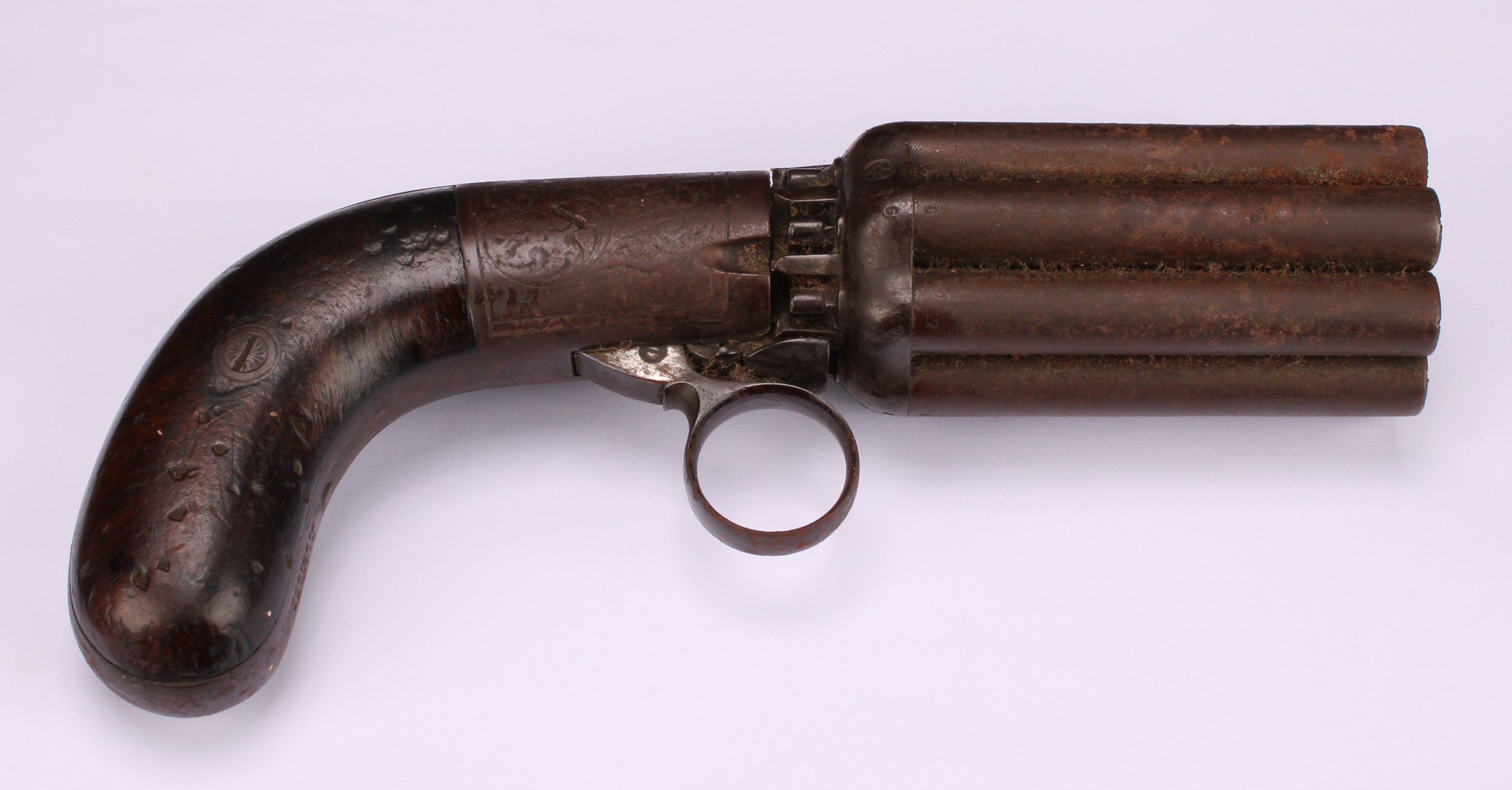 A 19th century eight-shot pepper-box revolver, 7.5cm barrel, engraved lock plate, two-piece grip, - Image 2 of 4