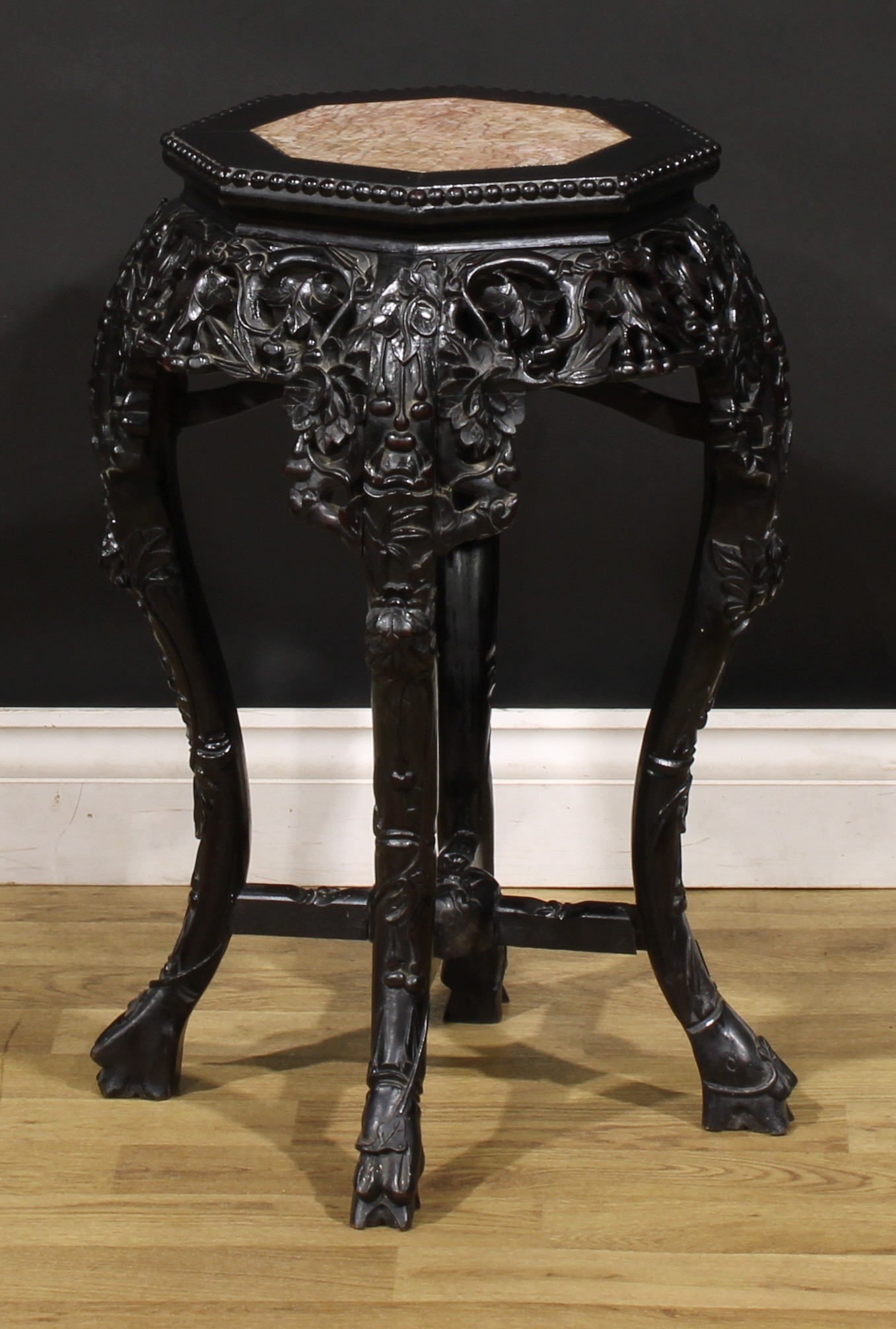 A Chinese hardwood jardiniere stand, octagonal top with beaded border and inset marble panel, shaped - Image 3 of 4
