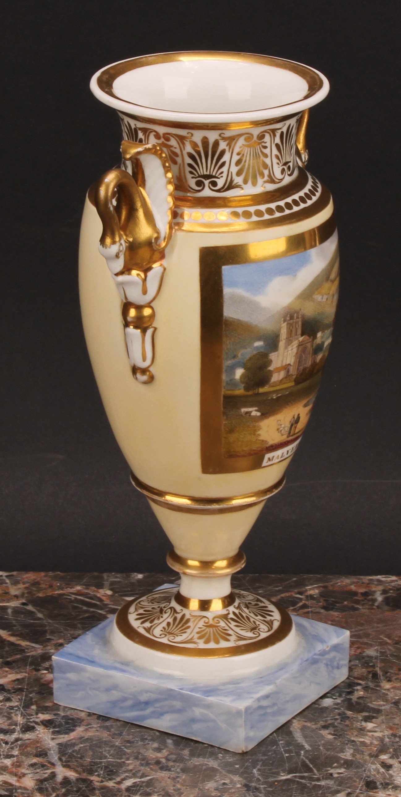A Chamberlains Worcester named view urnular vase, the painted view within broad gilt border, - Image 3 of 6