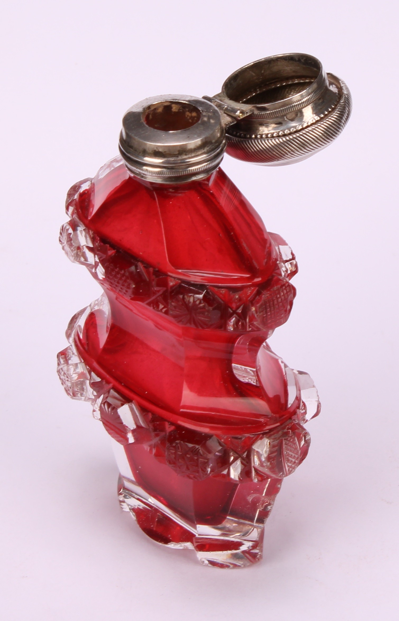 A 19th century silver coloured metal mounted cylindrical cranberry glass scent bottle, the hinged - Image 4 of 6