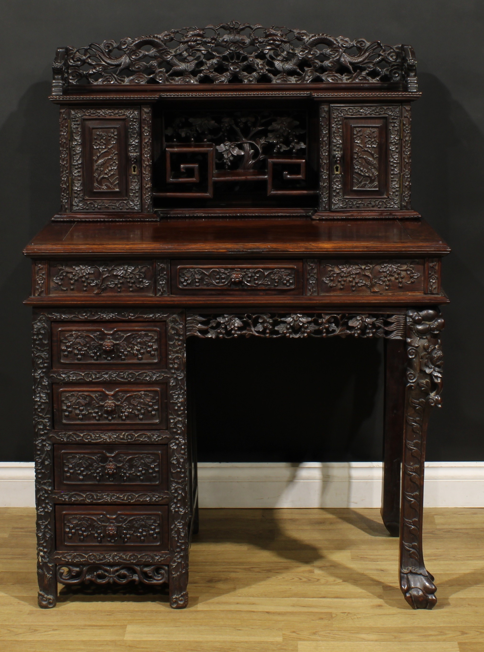 A Chinese export hardwood desk, inverted break-centre superstructure with shaped three-quarter - Image 2 of 5