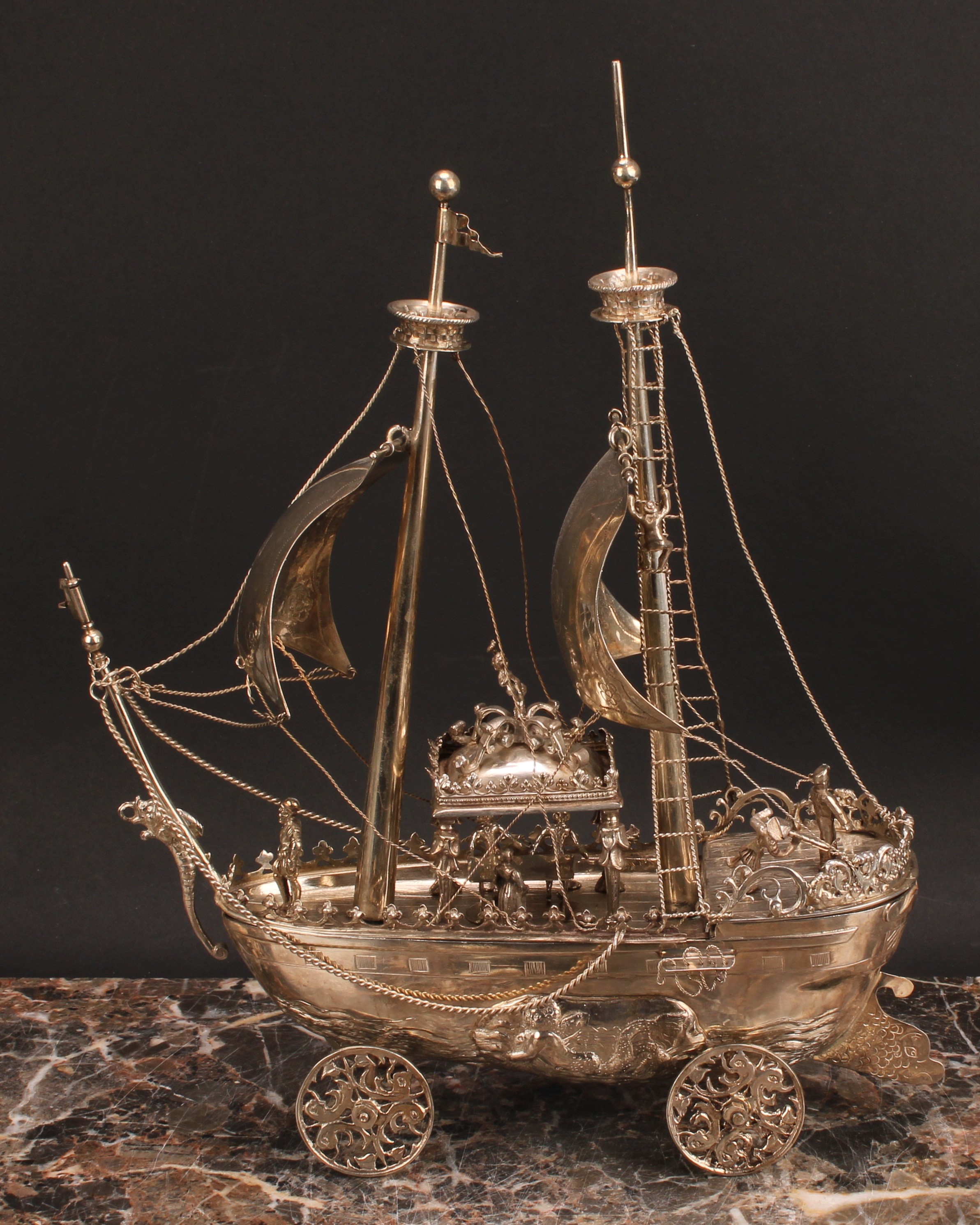 A late 19th century Dutch silver nef, typically modelled as a two-masted ship, with billowing - Image 2 of 5