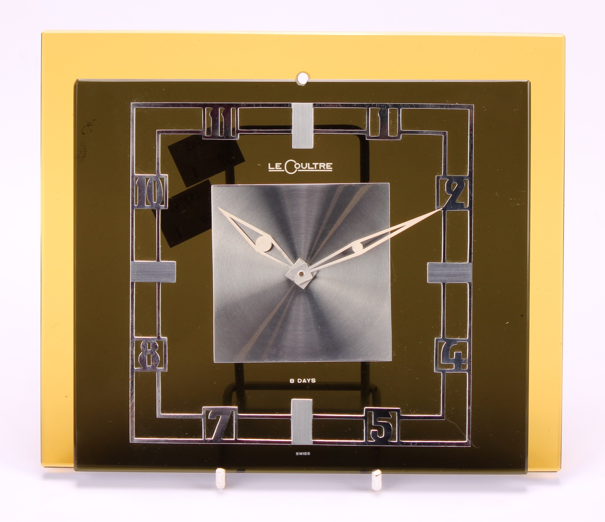 A Jaeger Le Coultre Art Deco clock, black glass rectangular dial applied with chrome Arabic numerals - Image 2 of 2