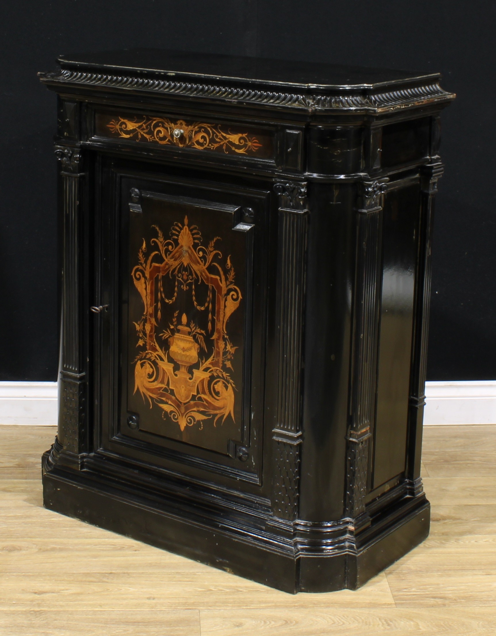 A pair of 19th century Continental ebonised and marquetry pier cabinets, each with a concave moulded - Image 11 of 12