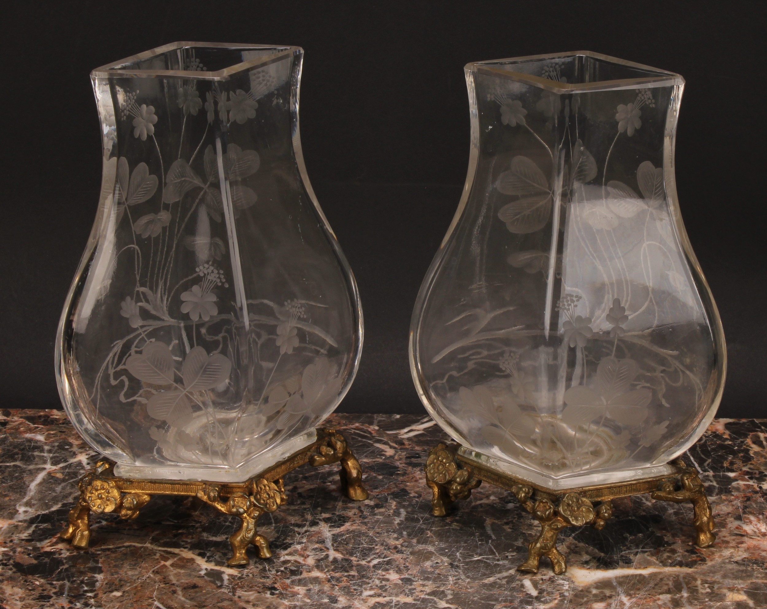 A pair of Continental ormolu mounted clear glass vases, each etched in the Art Nouveau taste with - Image 4 of 4