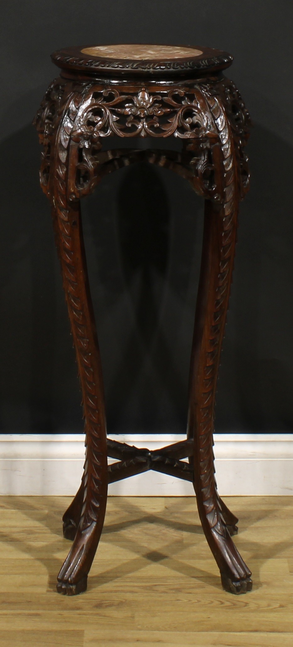 A Chinese hardwood jardiniere stand, circular top with foliate carved edge and inset marble panel, - Image 5 of 5