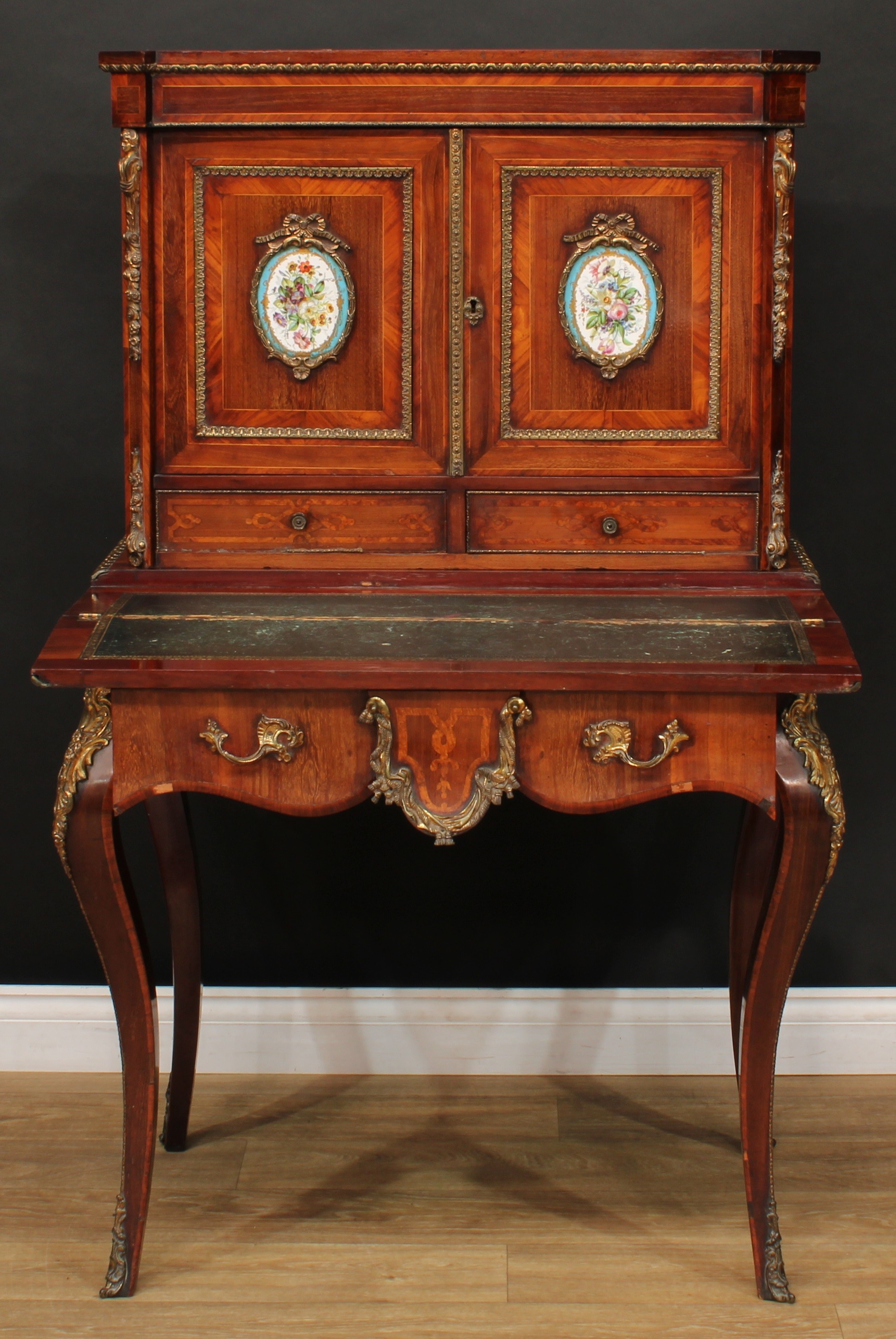 A 19th century porcelain and gilt metal mounted kingwood banded and marquetry bonheur du jour, - Image 2 of 7